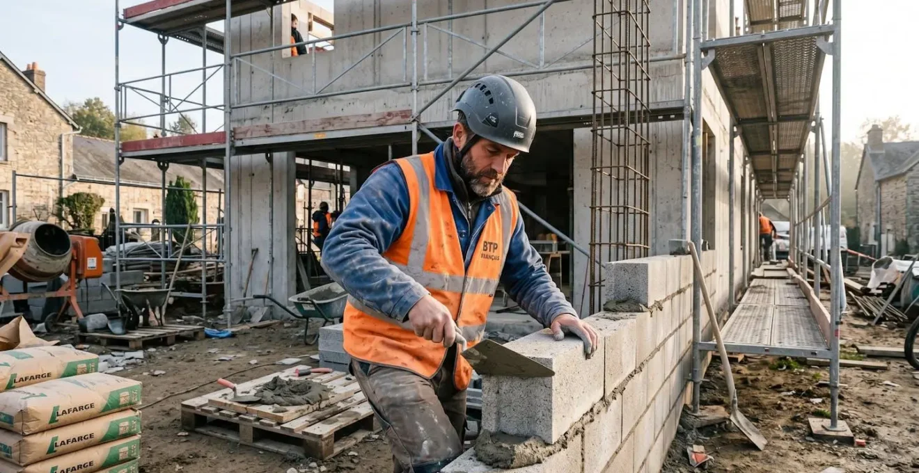 Artisan maçon en équipement de sécurité posant des parpaings sur un chantier de construction résidentiel en France