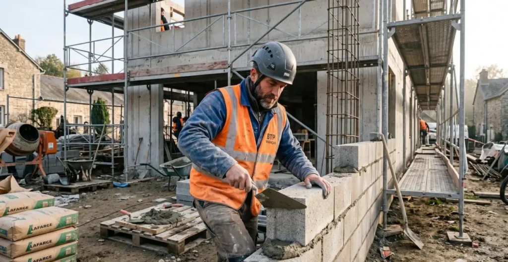 Artisan maçon en équipement de sécurité posant des parpaings sur un chantier de construction résidentiel en France